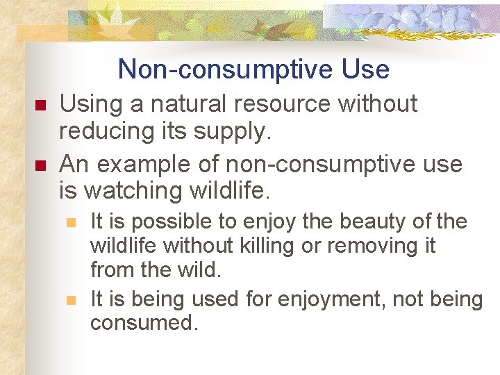 Non-consumptive Use n n Using a natural resource without reducing its supply. An example