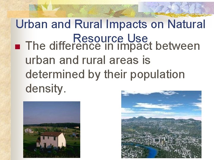Urban and Rural Impacts on Natural Resource Use n The difference in impact between