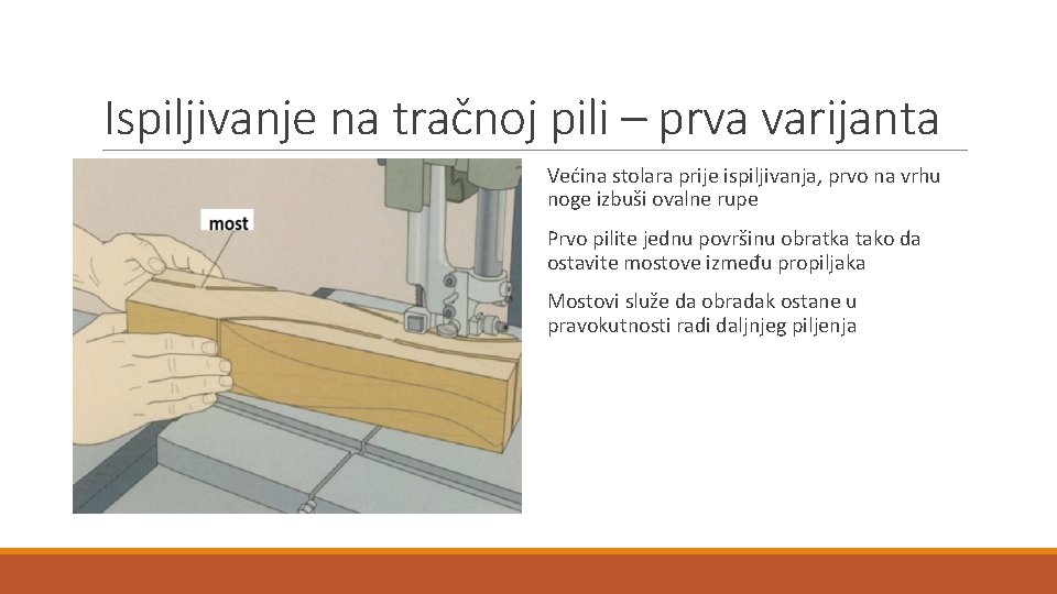 Ispiljivanje na tračnoj pili – prva varijanta Većina stolara prije ispiljivanja, prvo na vrhu