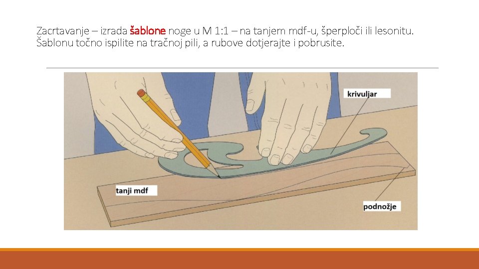 Zacrtavanje – izrada šablone noge u M 1: 1 – na tanjem mdf-u, šperploči