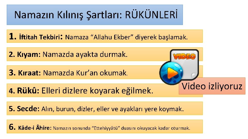 Namazın Kılınış Şartları: RÜKÜNLERİ 1. İftitah Tekbiri: Namaza “Allahu Ekber” diyerek başlamak. 2. Kıyam: