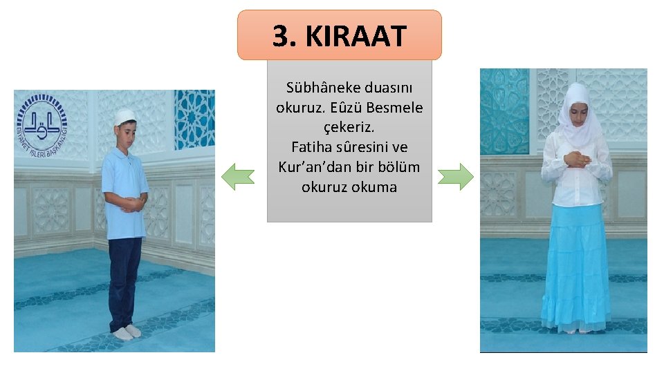 3. KIRAAT Sübhâneke duasını okuruz. Eûzü Besmele çekeriz. Fatiha sûresini ve Kur’an’dan bir bölüm