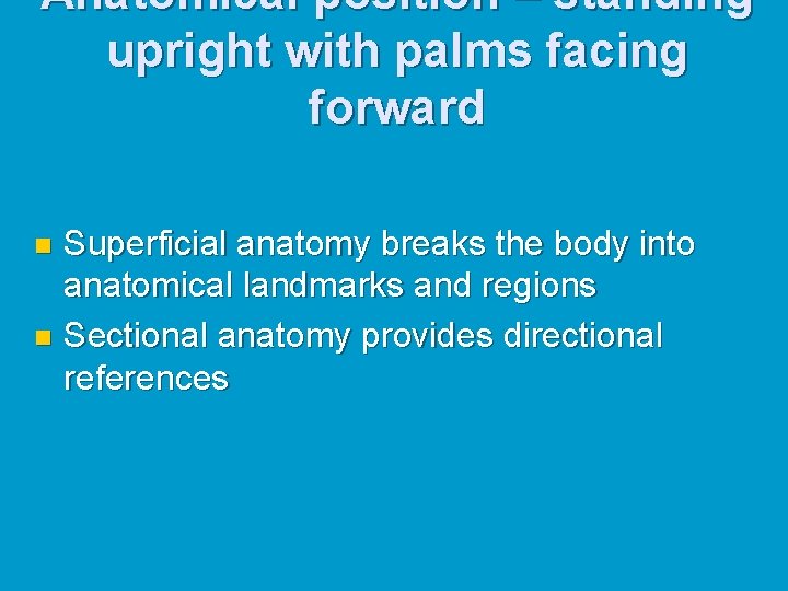 Anatomical position – standing upright with palms facing forward Superficial anatomy breaks the body