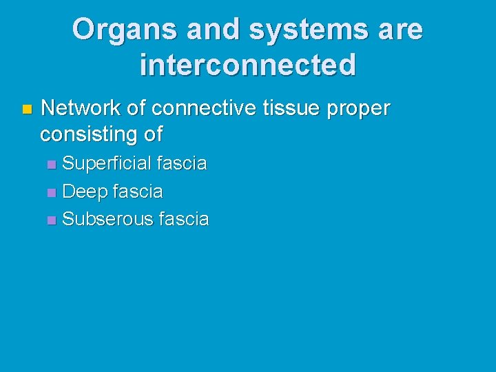 Organs and systems are interconnected n Network of connective tissue proper consisting of Superficial