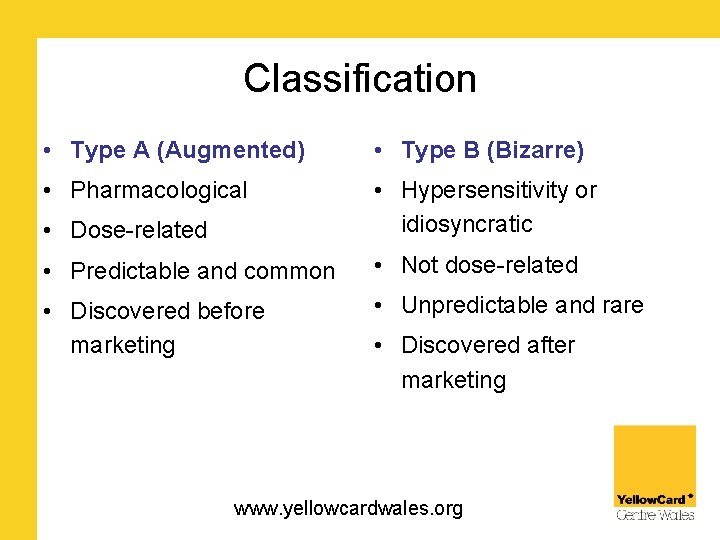 Classification • Type A (Augmented) • Type B (Bizarre) • Pharmacological • Dose-related •