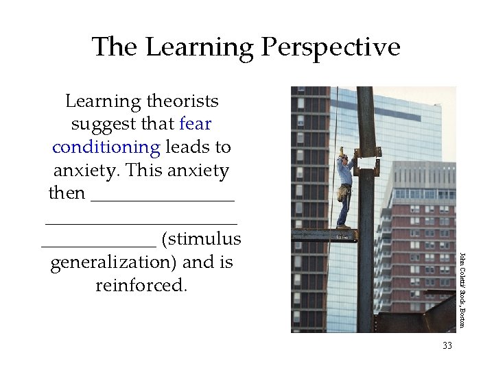 The Learning Perspective John Coletti/ Stock, Boston Learning theorists suggest that fear conditioning leads