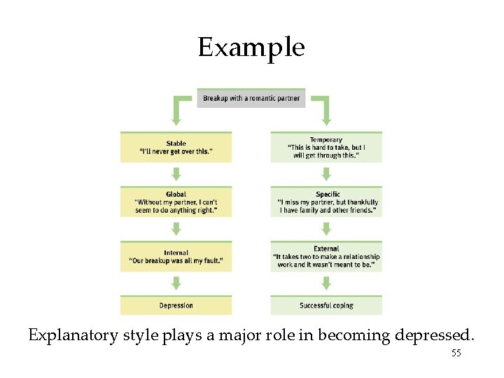 Example Explanatory style plays a major role in becoming depressed. 55 