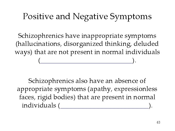 Positive and Negative Symptoms Schizophrenics have inappropriate symptoms (hallucinations, disorganized thinking, deluded ways) that