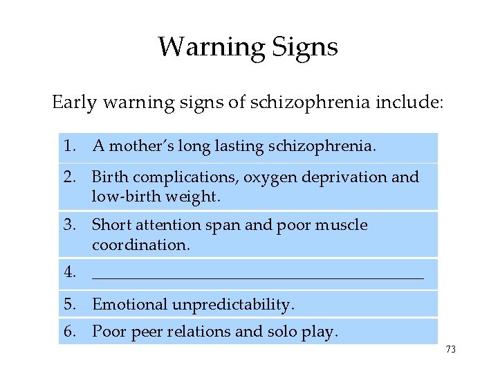 Warning Signs Early warning signs of schizophrenia include: 1. A mother’s long lasting schizophrenia.