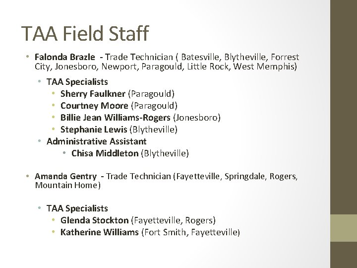 TAA Field Staff • Falonda Brazle - Trade Technician ( Batesville, Blytheville, Forrest City,