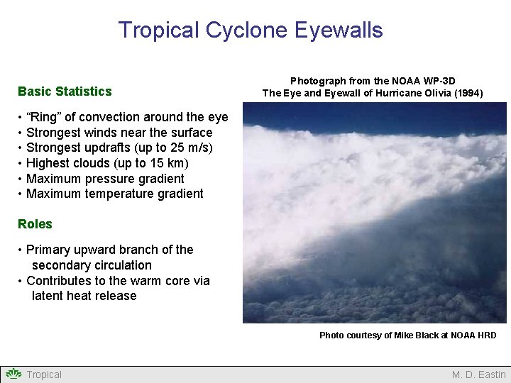 Tropical Cyclone Eyewalls Basic Statistics Photograph from the NOAA WP-3 D The Eye and