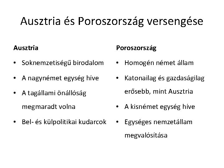 Ausztria és Poroszország versengése Ausztria Poroszország • Soknemzetiségű birodalom • Homogén német állam •