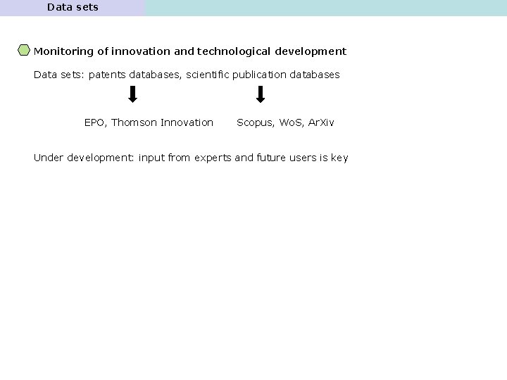 Data sets Monitoring of innovation and technological development Data sets: patents databases, scientific publication