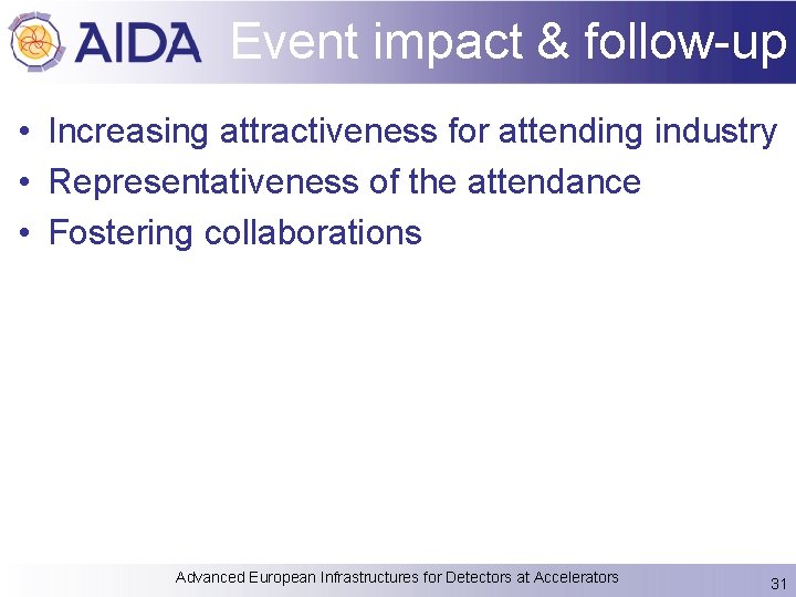 Event impact & follow-up • Increasing attractiveness for attending industry • Representativeness of the