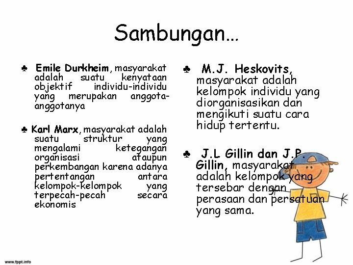 Sambungan… ♣ Emile Durkheim, masyarakat adalah suatu kenyataan objektif individu-individu yang merupakan anggotanya ♣