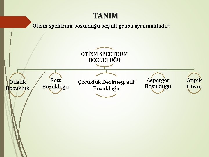 TANIM Otizm spektrum bozukluğu beş alt gruba ayrılmaktadır: OTİZM SPEKTRUM BOZUKLUĞU Otistik Bozukluk Rett