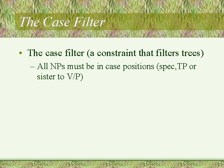 The Case Filter • The case filter (a constraint that filters trees) – All