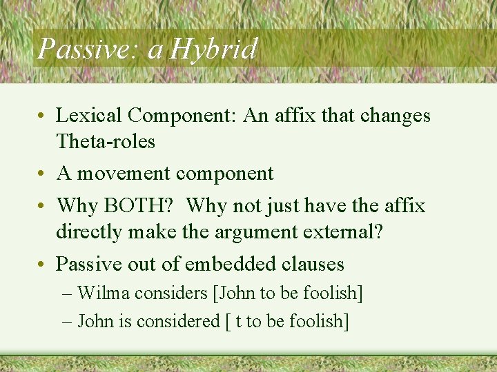 Passive: a Hybrid • Lexical Component: An affix that changes Theta-roles • A movement