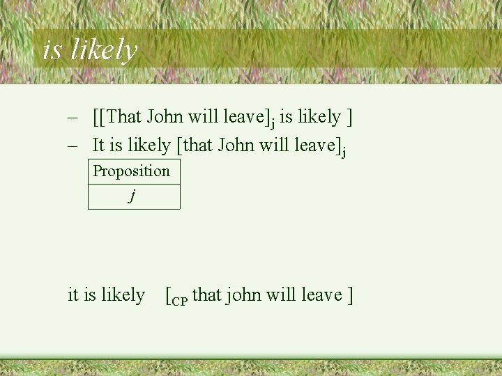 is likely – [[That John will leave]j is likely ] – It is likely