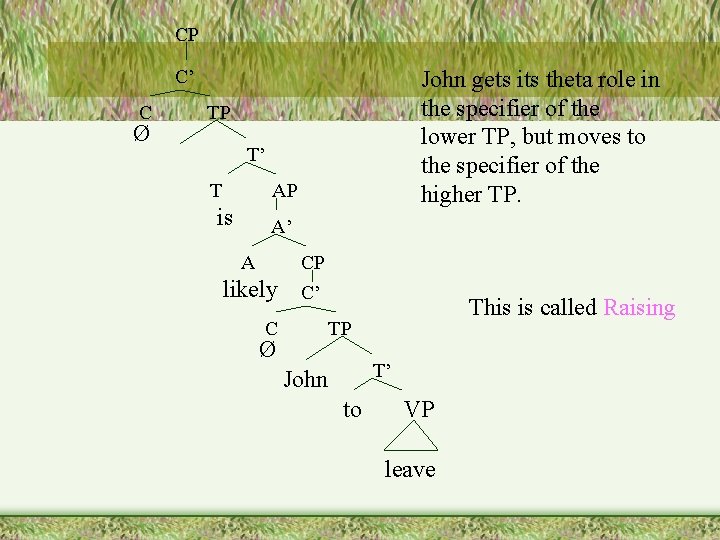 CP C’ C Ø John gets its theta role in the specifier of the