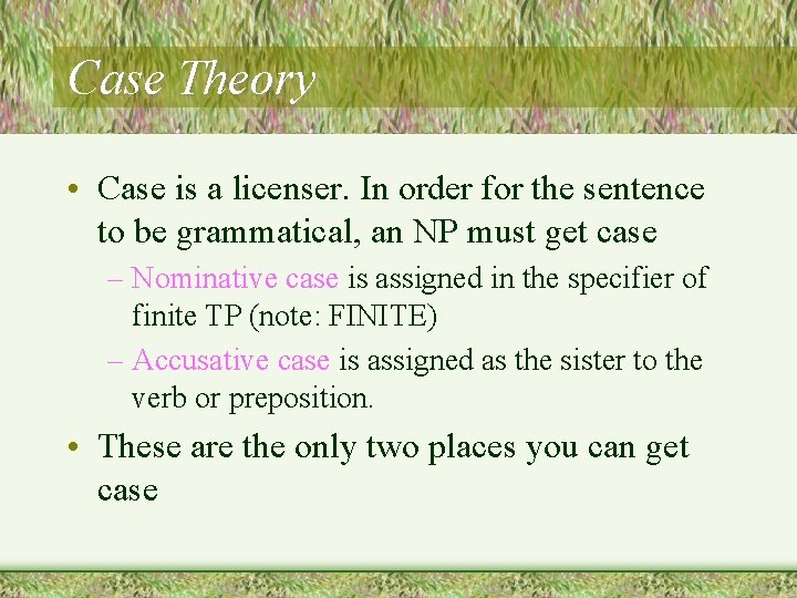 Case Theory • Case is a licenser. In order for the sentence to be