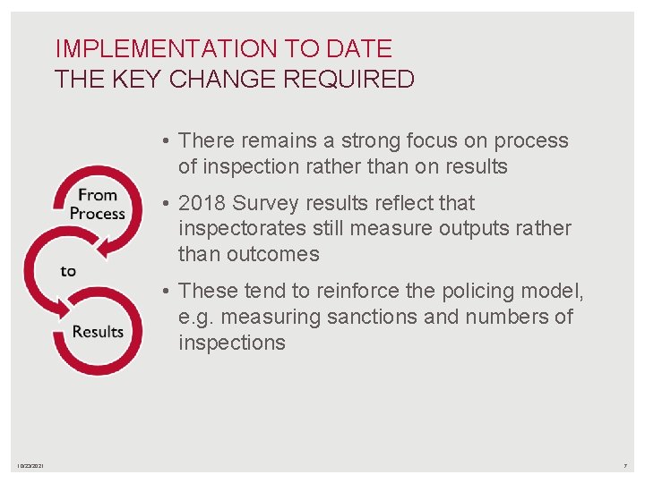 IMPLEMENTATION TO DATE THE KEY CHANGE REQUIRED • There remains a strong focus on IMPLEMENTATION TO DATE THE KEY CHANGE REQUIRED • There remains a strong focus on