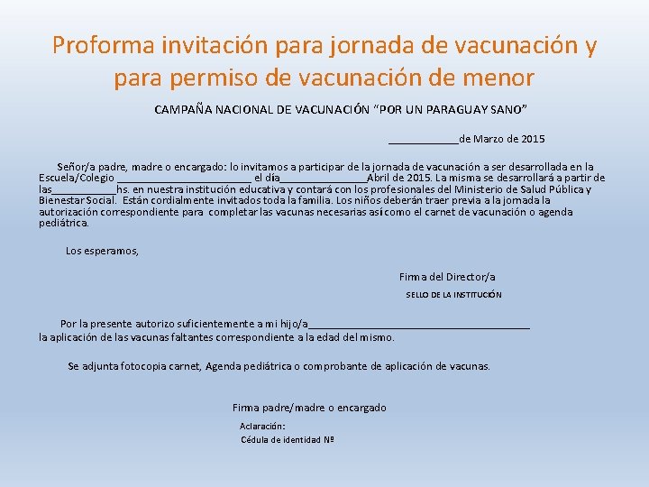 Proforma invitación para jornada de vacunación y para permiso de vacunación de menor CAMPAÑA