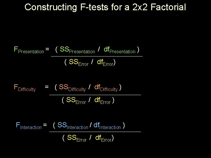 Constructing F-tests for a 2 x 2 Factorial FPresentation = ( SSPresentation / df.