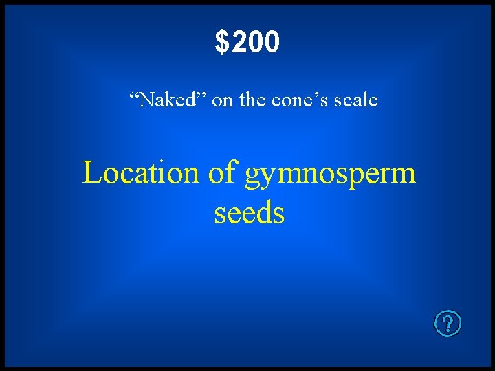 $200 “Naked” on the cone’s scale Location of gymnosperm seeds 