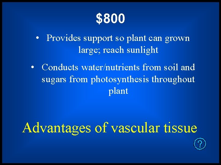 $800 • Provides support so plant can grown large; reach sunlight • Conducts water/nutrients