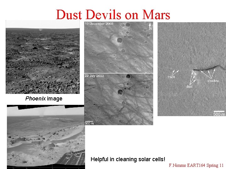 Dust Devils on Mars Phoenix image Helpful in cleaning solar cells! F. Nimmo EART