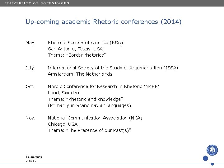 Up-coming academic Rhetoric conferences (2014) May Rhetoric Society of America (RSA) San Antonio, Texas,