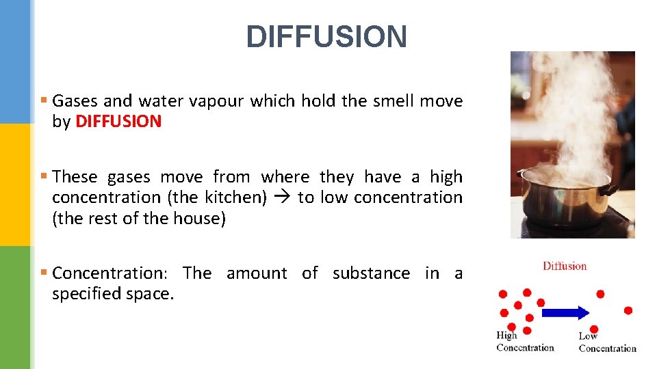 DIFFUSION § Gases and water vapour which hold the smell move by DIFFUSION §