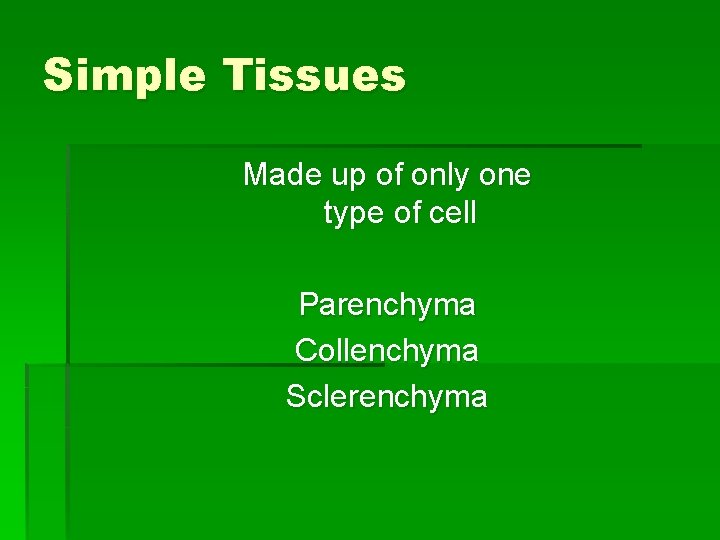 Simple Tissues Made up of only one type of cell Parenchyma Collenchyma Sclerenchyma 