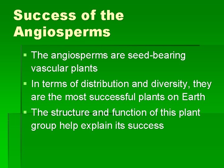 Success of the Angiosperms § The angiosperms are seed-bearing vascular plants § In terms