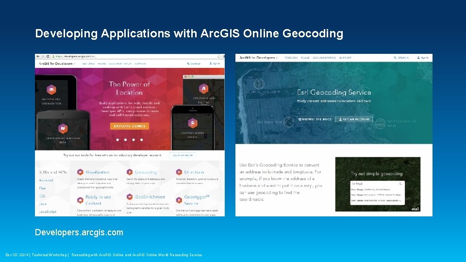 Developing Applications with Arc. GIS Online Geocoding Developers. arcgis. com Esri UC 2014 |