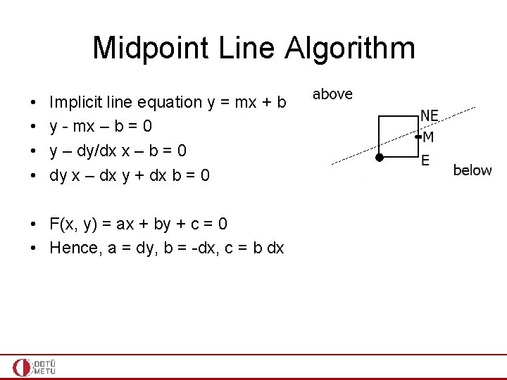 Midpoint Line Algorithm • • Implicit line equation y = mx + b y