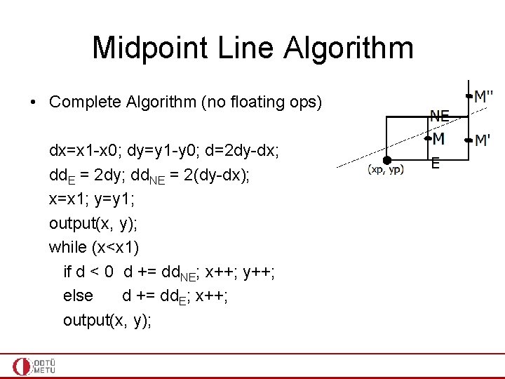 Midpoint Line Algorithm • Complete Algorithm (no floating ops) dx=x 1 -x 0; dy=y