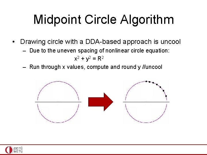 Midpoint Circle Algorithm • Drawing circle with a DDA-based approach is uncool – Due