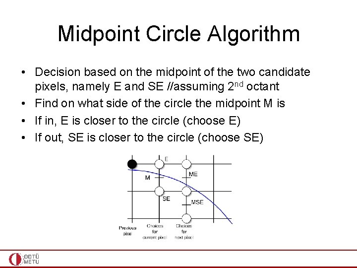 Midpoint Circle Algorithm • Decision based on the midpoint of the two candidate pixels,