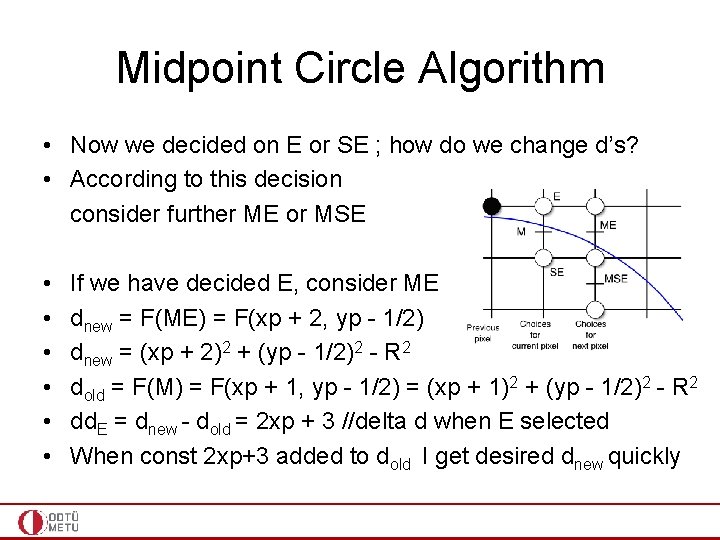 Midpoint Circle Algorithm • Now we decided on E or SE ; how do