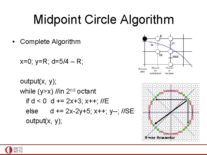 Midpoint Circle Algorithm • Complete Algorithm x=0; y=R; d=5/4 – R; output(x, y); while