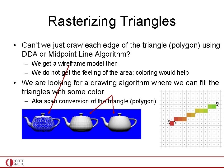 Rasterizing Triangles • Can’t we just draw each edge of the triangle (polygon) using