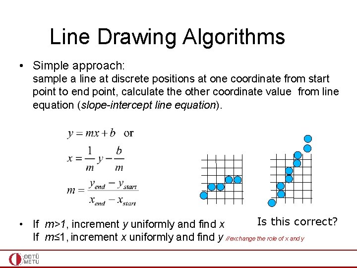 Line Drawing Algorithms • Simple approach: sample a line at discrete positions at one