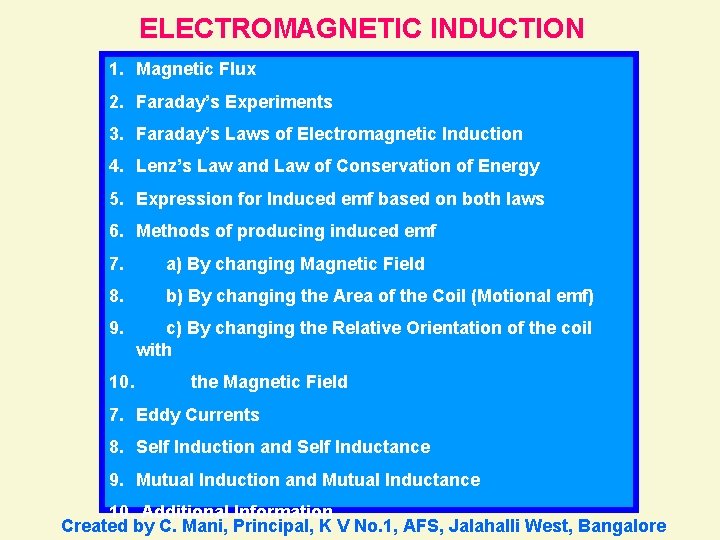 ELECTROMAGNETIC INDUCTION 1. Magnetic Flux 2. Faraday’s Experiments 3. Faraday’s Laws of Electromagnetic Induction