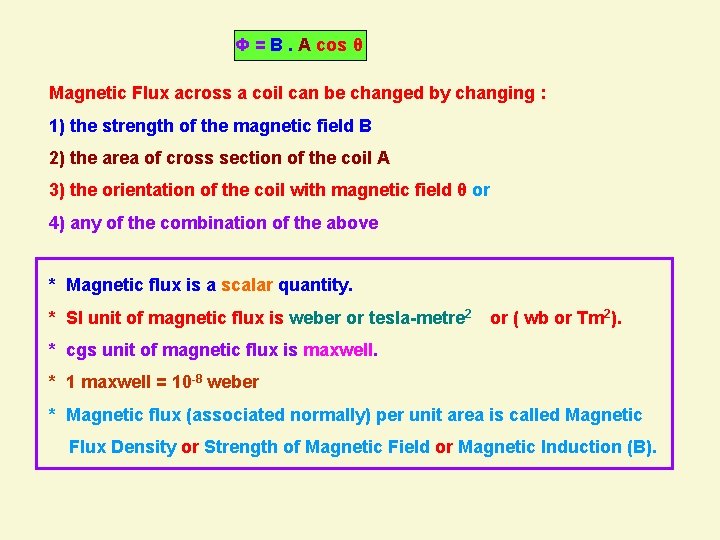 Φ = B. A cos θ Magnetic Flux across a coil can be changed