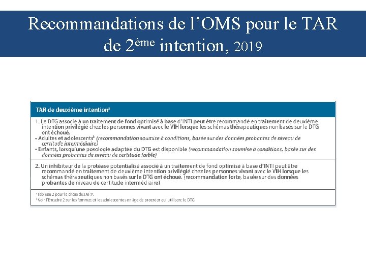 Recommandations de l’OMS pour le TAR de 2ème intention, 2019 