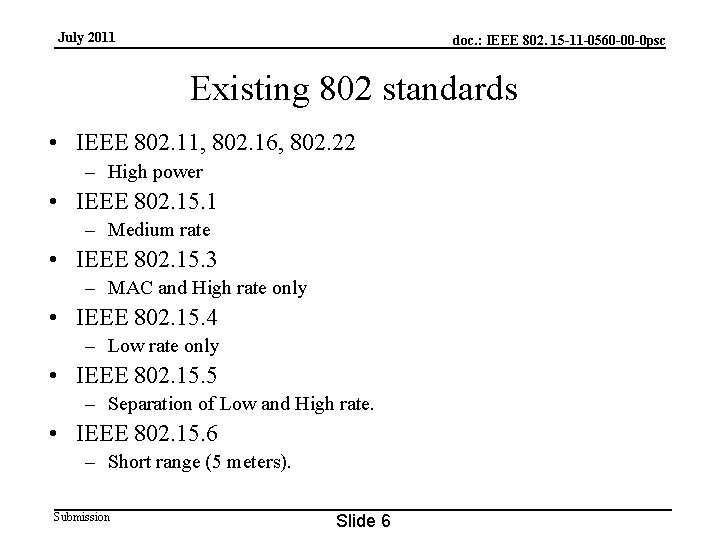 July 2011 doc. : IEEE 802. 15 -11 -0560 -00 -0 psc Existing 802