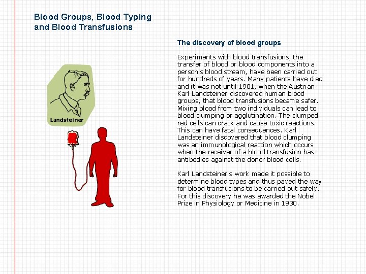 Blood Groups, Blood Typing and Blood Transfusions The discovery of blood groups Experiments with