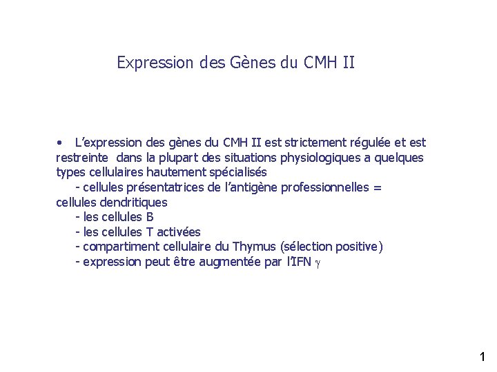 Expression des Gènes du CMH II • L’expression des gènes du CMH II est